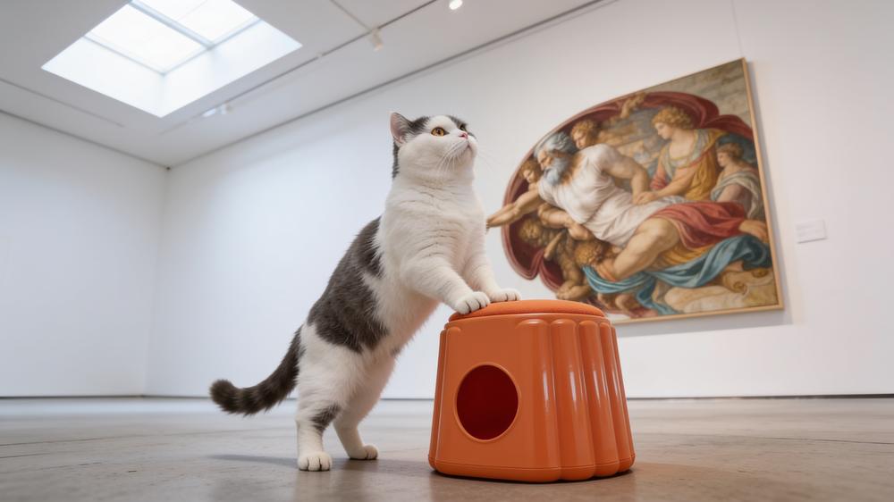 The cat climbing onto the orange stool on a gallery floor