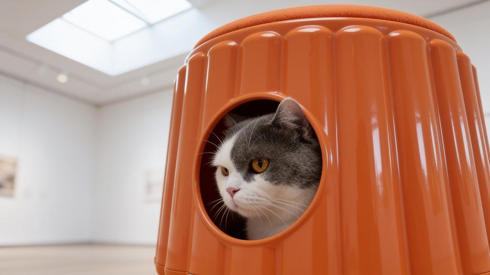 The cat's face half hidden by the rim of the round door
