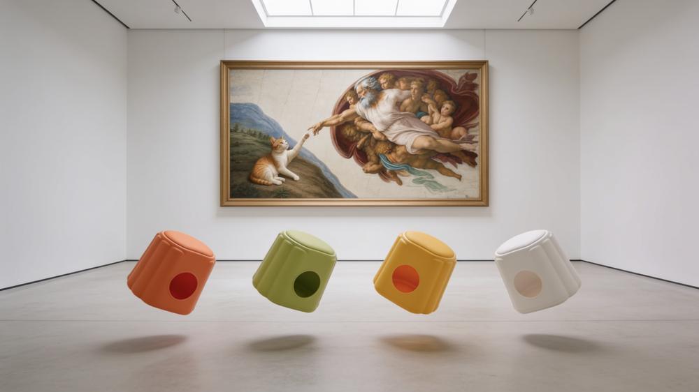 Four stools floating in a white gallery in front of a fresco of a cat