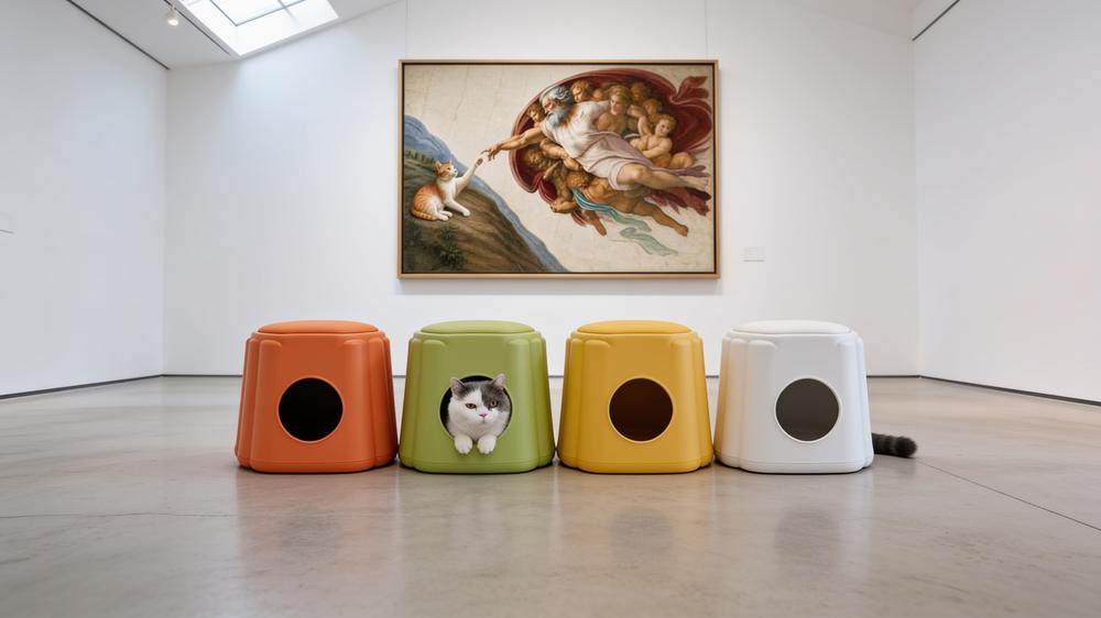 Four stools in a row in a white gallery, the cat looking out of the green one