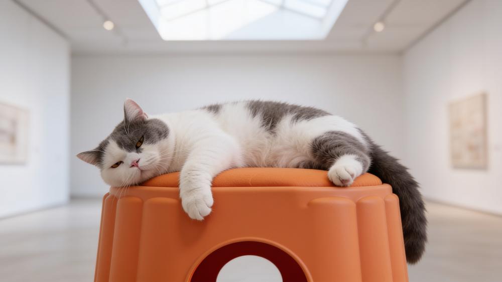 The cat lying on the cushion with one paw hanging over the edge