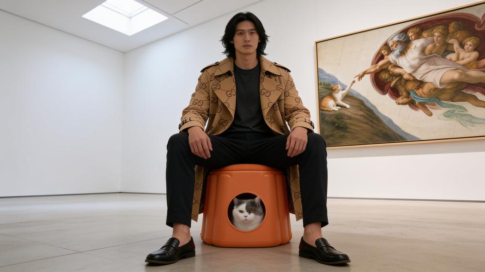 A man in a long coat sitting on the stool while the cat looks out of the door beneath him