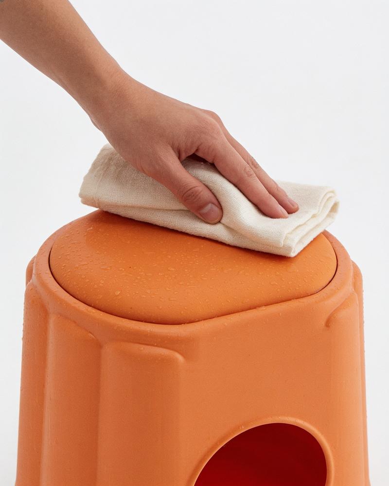A hand wiping the glossy orange fluted shell with a cream linen cloth