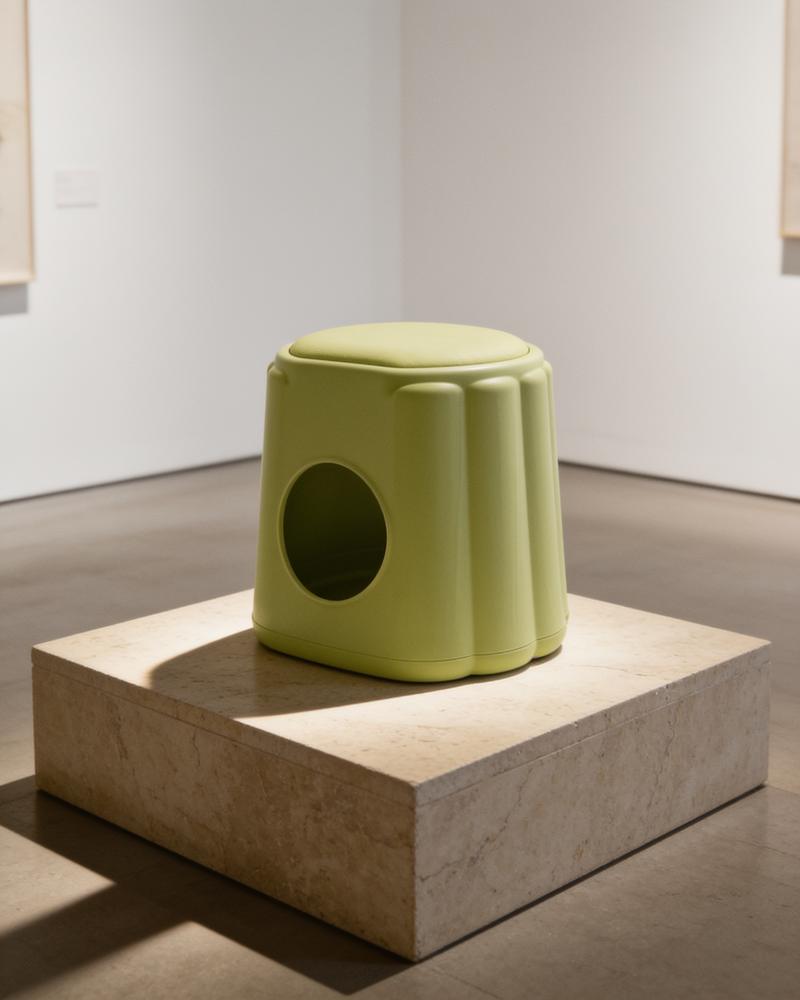 The bamboo-green MEOWSON stool on a travertine plinth