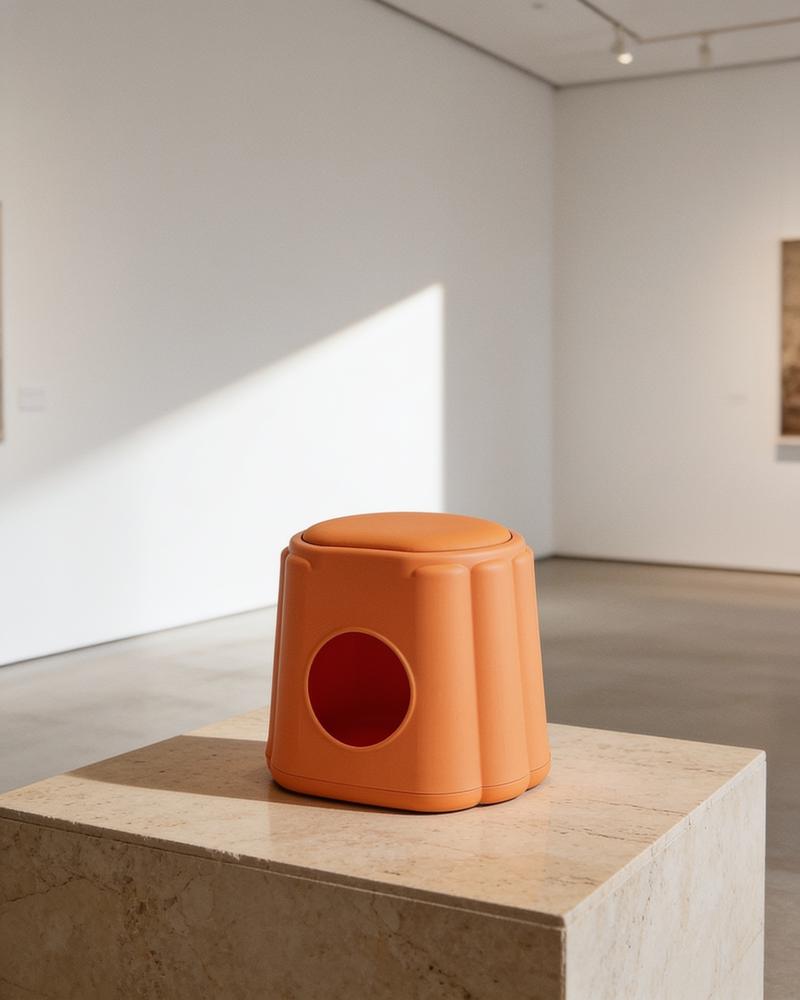 The persimmon-orange MEOWSON stool on a travertine plinth