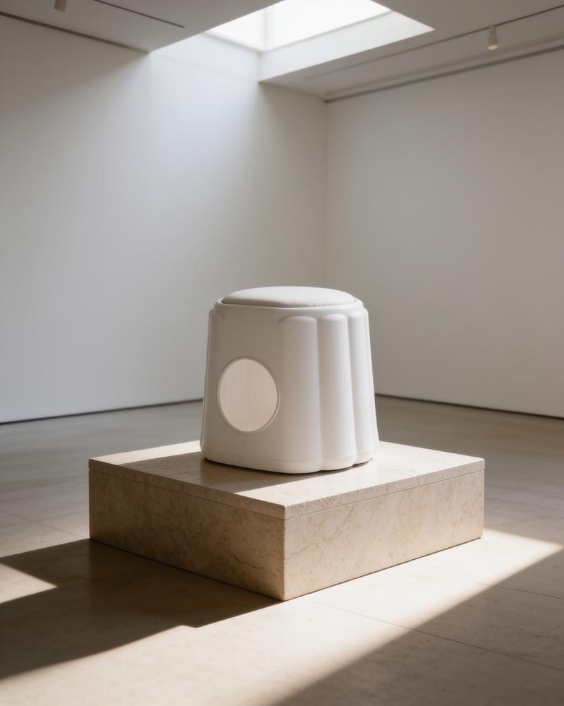 The moon-white MEOWSON stool on a travertine plinth