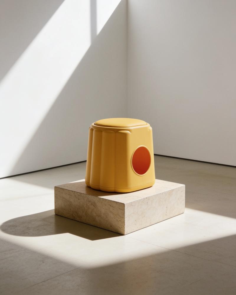 The imperial-yellow MEOWSON stool on a travertine plinth